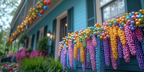 Obraz premium Decorative beads hung on the side of a building, possibly for a festival or celebration
