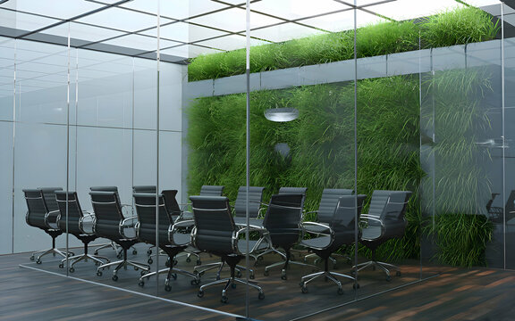 Modern office interior with lush greenery indicating eco and environment concept.