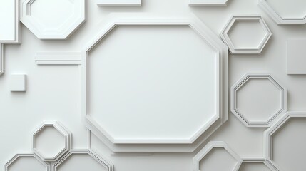 Abstract geometric shapes in white; hexagons and octagons create a modern, minimalist background.