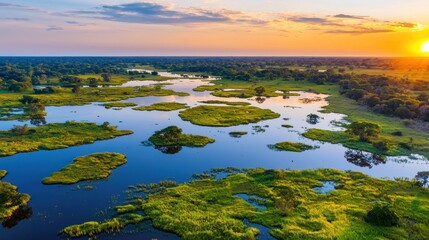 Aerial sunset view of Pantanal wetland, Brazil