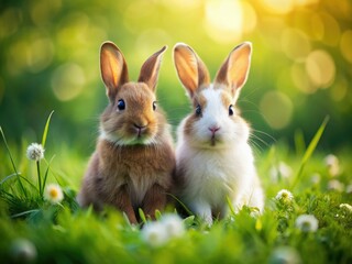 Obraz premium Adorable miniature rabbits, tilt-shift photography creates a charming, whimsical duo portrait.
