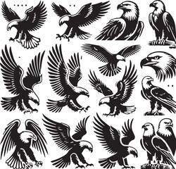 Black Color Bald Eagle Silhouette Vector Illustration, Solid White Background. minimal vector design