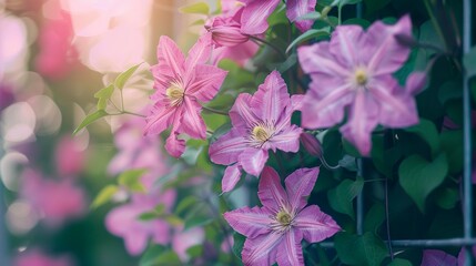 A photo of blooming clematis on a trellis.