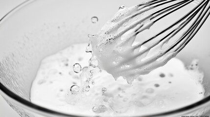 Whisking milk to create light and fluffy foam in a clear bowl showcases culinary technique and precision in cooking
