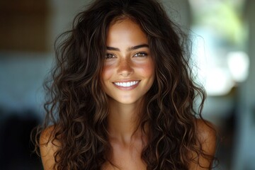 Fototapeta premium A portrait of a young woman with long brown hair and a smiling face