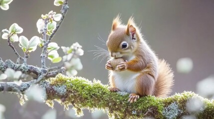 Obraz premium Adorable Red Squirrel Enjoying a Nut on Mossy Branch