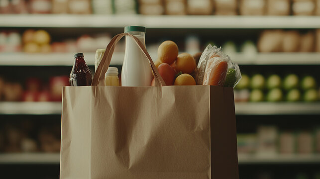 A medium shot of a paper bag filled with an assortment of items such as milk, fruits, and snacks. Behind it, the minimalist grocery store shelves are softly blurred with a bokeh ef