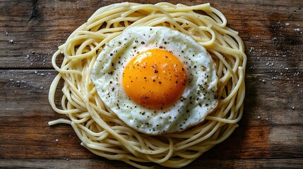 Delicious spaghetti nest topped with a perfectly cooked fried egg and black pepper on a rustic wooden table