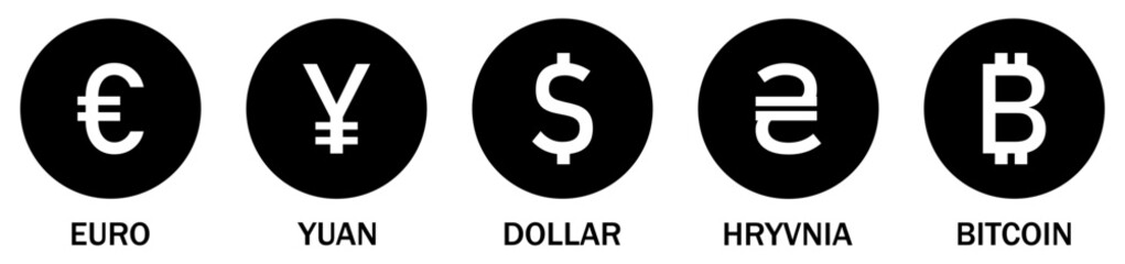 Obraz premium International currency vector sign symbol. Collection of International currency icons. World currency silhouette icons set isolated on a white background. Flat style. Vector illustration.