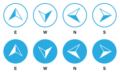 Set of compass vector icons in blue circle isolated on a white background. East, west, north, south arrow icon. Map direction. Silhouette and outline style. Flat style. Vector illustration.