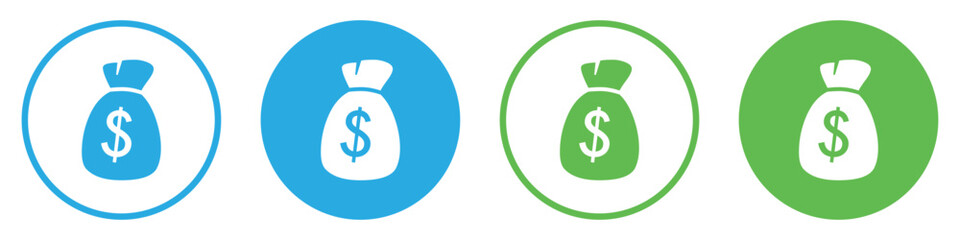 Set of Money bag icons. Money bag with dollar icon. Dollar money bag vector icons set in green and blue circle. Silhouette and line icons. Flat design. Vector illustration.