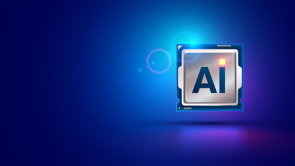 Ai chip top view on blue. AI chip fly in cyberspace. Artificial Intelligence CPU core. Electronic technology concept. Processor or CPU with AI core. Artificial intelligence of electronic chip.
