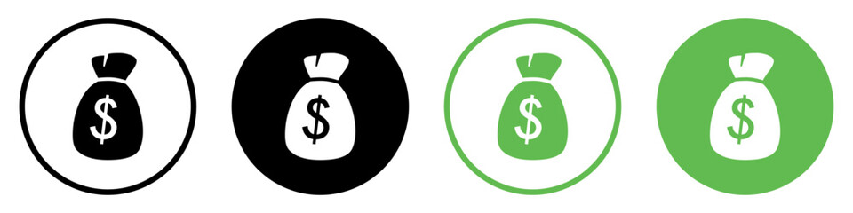 Set of Money bag icons. Money bag with dollar icon. Dollar money bag vector icons set in black and green circle. Silhouette and line icon. Flat style. Vector illustration.