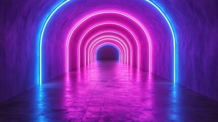 Neon archway tunnel with pink and blue glowing lights.