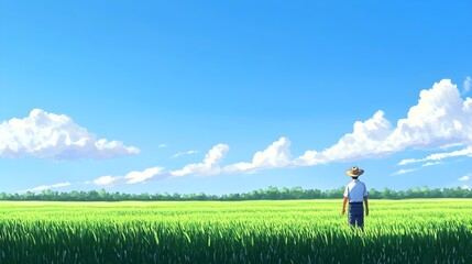 Farmer Inspecting Lush Green Crops in Serene Open Field Landscape