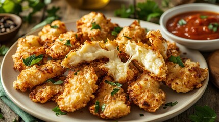 Crispy cheese bites served with tangy tomato sauce on a rustic wooden table