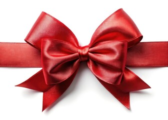 A vibrant red ribbon bow, perfectly isolated on a crisp white background; ideal for urban exploration themed stock photography.