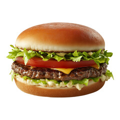 Juicy burger with toppings isolated on white, perfectly clipped for seamless integration into designs