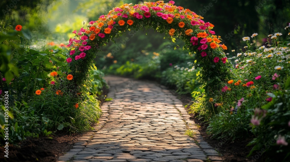 Poster Flower archway frames a stone pathway garden scene