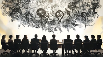 a scene of a boardroom where individuals are nodding in agreement, with a visible disconnect between their thoughts (represented by chaotic images in thought bubbles) and the group's harmony