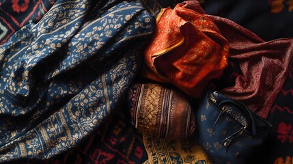 Flat Lay Composition of Ajrakh Print Accessories on Fabric Surface