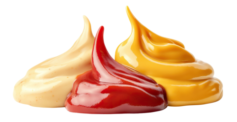Three colorful sauce swirls: ketchup, mustard, mayonnaise, isolated on transparent cutout