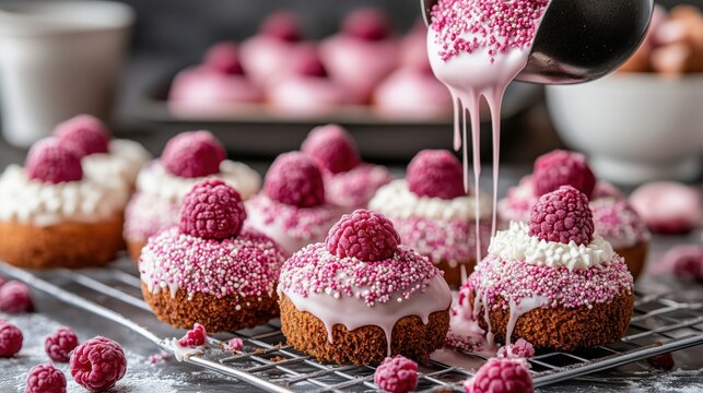 Baking sweet raspberry cupcakes with creamy frosting and sprinkles during a sunny afternoon in a cozy kitchen