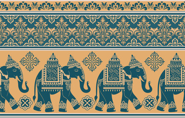 Seamless Pattern Tribal Ethnic indian Elephant pattern,Thai elephant, paisley and hamsa. Ethnic indian elephant background Hand drawn illustration. Wallpaper, cloth design, fabric, tissue, carpet