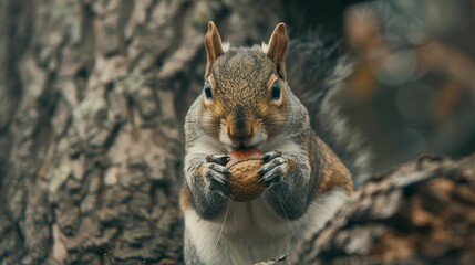 Fototapeta premium A photo of a squirrel nibbling on an acorn.