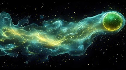 Abstract art: glowing sphere, cosmic swirls.