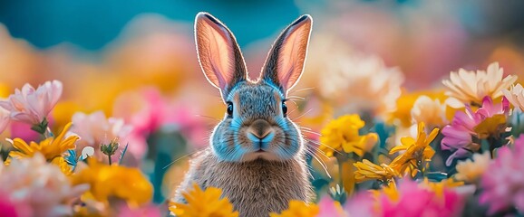 Fototapeta premium Cute bunny rabbit in colorful spring flowers.