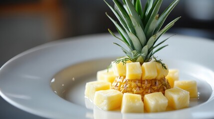 Artistic pineapple dish ideas, featuring geometric arrangements of pineapple slices and cubes, paired with subtle garnishes for a creative and modern look