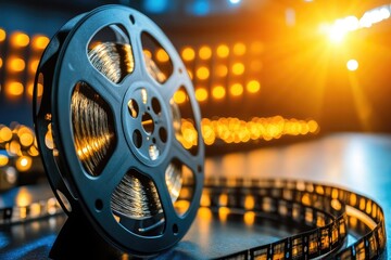 Close-Up of Vintage Film Reel with Golden Glow