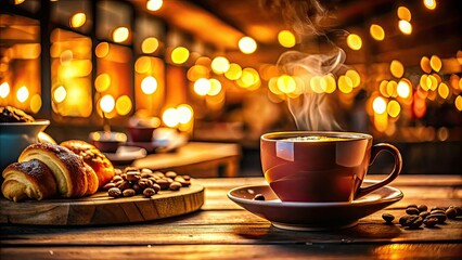 Fototapeta premium Cozy coffee shop, evening's dim light paints a moody, warm ambiance.