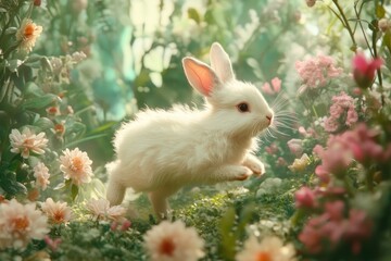 Fluffy White Rabbit in a Blooming Garden