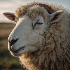 Obraz premium A sleepy sheep with half-closed eyes.