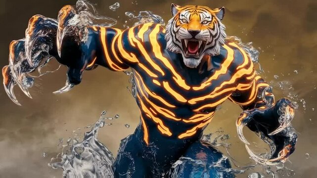 a fearsome humanoid water figure with bold, wave-like stripes glowing in fiery orange and white, reminiscent of a tiger&rsquo;s fierce pattern. its sharp claws are formed of concentrated liquid energy, glow