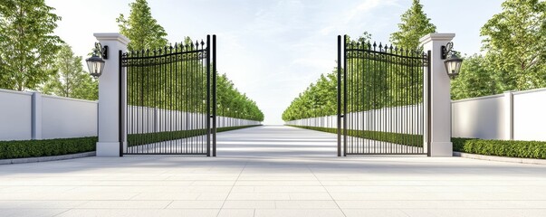 Gate Iron Open wrought iron gates with trees lining the path