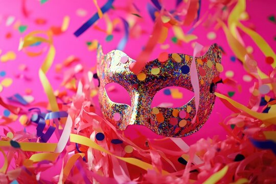 A colorful carnival mask surrounded by confetti, great for party or celebration themes