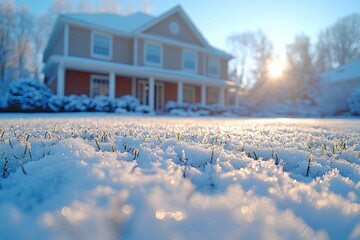 A picture of a snow-covered lawn with a house in the background, great for winter scenes or home decoration