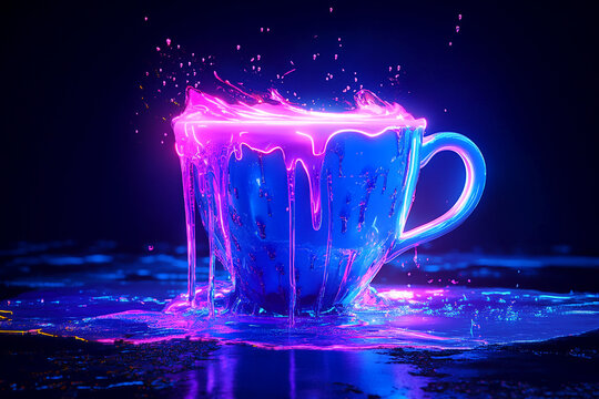 Vibrant illuminated cup overflowing with neon liquid in a dark setting