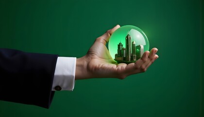 A hand holds a miniature city inside a sphere, symbolizing control and future vision - for business, leadership, and innovation content, also for environment concept