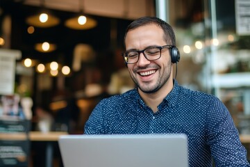 Fototapeta premium Charming young man enjoying music and work at a cozy cafe in the bustling city during a sunny afternoon