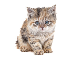 Obraz premium Fluffy kitten with blue eyes sitting on a white background, looking forward