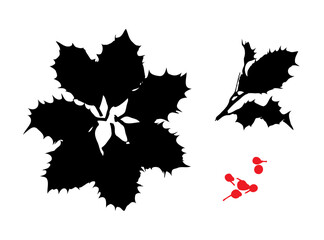 Holly Berries Leaves Icon, Holy Berry Grunge Leaf Symbol, European Ilex Branch silhouette, Xmas Sprig