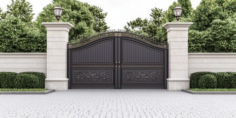 Gate Iron Elegant wrought iron gates with stone pillars.