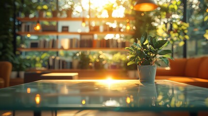 Cozy Living Room with Sunlight and Green Plant on Glass Table