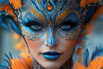 A close-up shot of a woman wearing a colorful costume for Halloween or cosplay