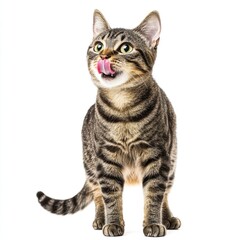 A curious cat with its tongue sticking out, ready for a snack or playtime
