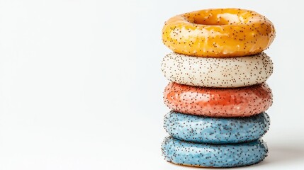 A stack of colorful, frosted donuts in various flavors, showcasing their vibrant textures and appealing designs against a light background.